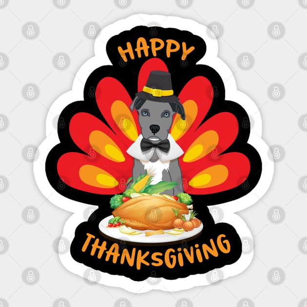 Happy Thanksgiving Blue Nose Pitbull Puppy Pilgrim Turkey Sticker by Rosemarie Guieb Designs
